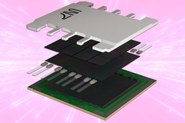 An exploded view of a chip has layers of circuit boards, inputs, and black and metal material.