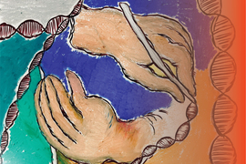 Pastel illustration shows two hands, creating a circle, and one hand holds a pencil and draws a DNA strand. More DNA strands are around the hands.