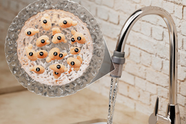 A kitchen faucet runs, and it has a unique filter filled with bead-like objects. An inset shows that the beads are hydrogel capsules containing many bean-shaped yeast.