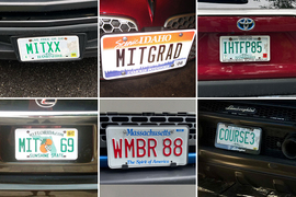 Two by three grid of photos of license plates reading MITXX, MITGRAD, IHTFP85, MIT 69, WMBR 88, and COURSE 3