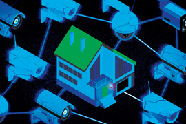 Cracked security cameras are connected by lines like a large language model. A house is in the middle.