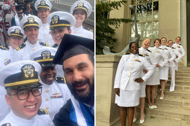 Two photos. Left: a group selfie with naval graduates. Right: the six female graduates pose on the stairs.