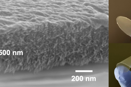 On left, nanoscopic image shows the filter is only 500nm thick. Two photos show the circular filter prototype is also flexible.