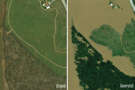 On left, a rural setting with grass and greenery. On right, brown flood water shows excessive flooding.