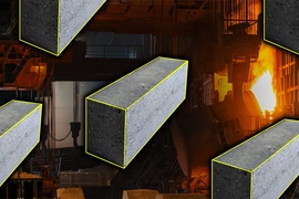 Floating bricks over a photo of a foundry.