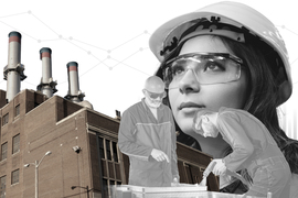 Collage of a factory building and three industry workers wearing protective goggles