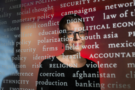 Ariel White portrait behind a window with frosted words printed on it, like “Dignity; polarization; conflict.”