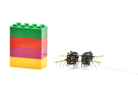 The robotic insect is next to four stacked Legos and is similarly small. It is cross-shaped with four wings.