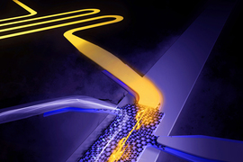 An expanded view of the 3D rendering showing yellow energy shooting across layers of a graphene lattice laid out on a flat surface.